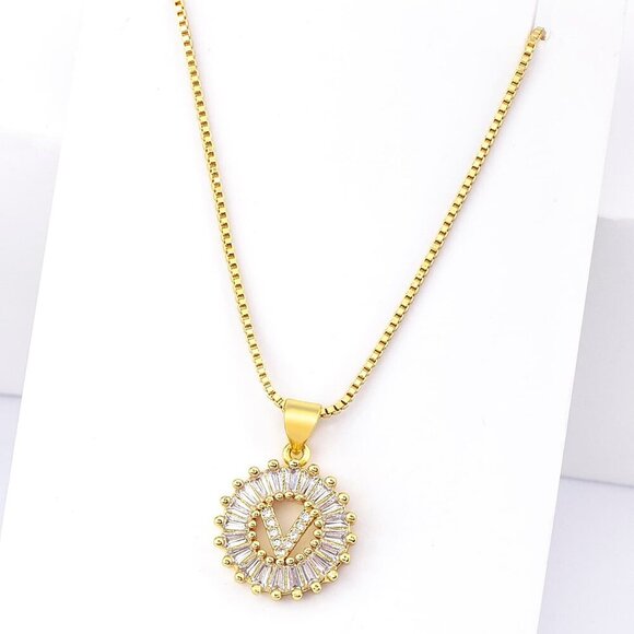 Yellow Gold Plated Women's Letter Detail Cubic Zirconia Round Charm Necklace - Picture 2 of 7